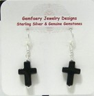 Sterling Silver Carved Onyx Gemstone Cross Dangle Earrings   handmade Usa