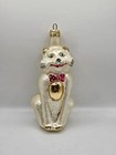 Vtg Blown Glass Cat Ornament - Kitschy White Kitty With Red Polka Dot Bow Tie 