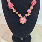 Vintage Hong Kong Pink Marbled Bead Necklace And Clip-on Earring Set Floral
