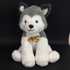 Fao Schwarz Siberian Husky Wolf Dog Puppy Plush Gold Bow Tie Blue Eyes 11  Inch