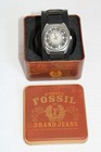 Vintage Y2k Fossil Black Leather silvertone Cuff Watch W  Orig Tin  New Battery