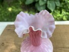 Victorian Diamond Quilted Pink Satin Glass Vase Ruffled Rim Hand Blown 6    Petite