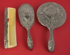 Antique Vintage Ornate Silver Plated Hand Mirror Brush Comb Vanity Set Heavy      