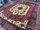 Afghan Heriz Rug 9x12 Tribal Geometric Serapi Rust Cream Navy Wool On Wool