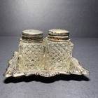Vintage Mini Glass   Silver Plated Salt   Pepper Shaker With Matching Tray  1242