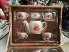 New Vintage Child s Teddy Bear Porcelain Tea Set In Wicker Picnic Basket 13 Pc