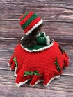 Vintage Christmas holiday Hand Crocheted Bed Pillow Doll Red   Green With Bells