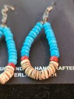 Handmade Beaded Navajo Dangle Earrings Turquoise Shell Heishi Glass Beads