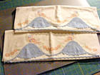 Pair Of Vintage Embroidered Pillowcases Crocheted Edging Blue Dress Ladies 21x29