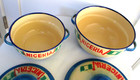 Two Vintage Mid Century Enamel Casseroles Pots Rare Air Brushed Nigeria Exc
