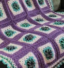 Handmade Crocheted Purple Floral Granny Square Afghan Throw Blanket--64x63--new