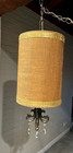 Mcm Hollywood Regency Swag Lamp Drum Light Brass Drop Crystals Gold Trim Burlap