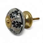 Handmade Ceramic Cabinet Knob Set 6 Black Floral Crackle Glaze Gold Medallion