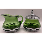 Vintage Ny Krome-kraft  Farber Bros  Green Glass Sugar Bowl   Creamer With Lid