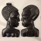Vintage African Ebony Wood Carving Set 3pc Hand Carved Statue   Wall Plaques