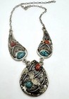 Vtg Sterling Silver Navajo Coral Turquoise Leaf Statement Necklace 21    108 Grams