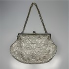 Vintage Fine Arts Bag White Beaded Kiss Lock Chain Strap Frame Purse