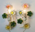 Vintage Italian Tole Pair Wall Sconces Light Fixture Daisy Flowers Italy Antique