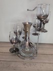 Vintage Mcm Wine Glass Carafe Set Spiral Caddy - Silver Fade 