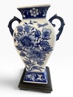 Blue White Chinoiserie Porcelain Vase Urn Double Handle Floral Wood Base 10   