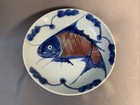Antique 19thc  Chinese Qing Dynasty Blue   White  Underglaze Red Carp Fish Dish