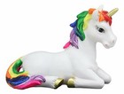 Beautiful Rainbow Mane Gold Horn Unicorn Mare Horse Sitting In Repose Figurine