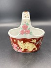 Vtg Japan Porcelain Kitty Cat Basket Trinket Dish Floral Butterfly Maroon Pink