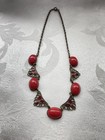 Vtg Art Deco Czech Red Glass Enameled Brass Necklace 