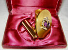 Vintage Goldtone Mirrored Compact Lipstick Tube Holder rhinestone amethyst Crown
