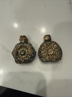 Antique Jeweled Czech Perfume Bottles Pair Gilt Filigree And Blue Glass Vanity