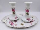 Vintage 11 Piece Porcelain China Vanity Set Pink   Green Floral With Gold Trim