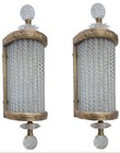 Pair Of Antique Victorian Brass   Ribbed Glass Wall Sconces     Vintage Art Deco