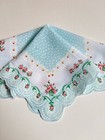Beautiful New Luray Soft Blue Handkerchief Hankie With Sweet Pink Rosettes
