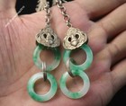 A Pair Chinese Antique Tibetan Silver Inlaid Natural Jade Earrings Lucky Jewelry