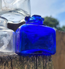 Vintage Antique Lot Of 3 Ink Wells Bottles Jars Cobalt Blue   Clear Glass Square
