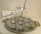 Mid Century Modern Chrome Banded Martini Pitcher   6 Cocktail Glasses   Stir Rod