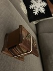 Vintage 70   s Wooden Coaster Set With Wood Case And Metal Handle 5 Coasters B3