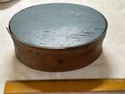 Antique Signed Mt Lebanon Shaker Sewing Box Blue Painted Finger Banding 8    Oval