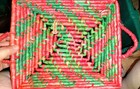 Vtg Red   Green Coiled Woven Basket 10  X 9  X 3  With Handles 
