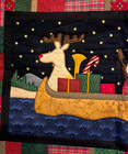 Vintage Handmade Christmas Applique Quilt Wall Hanging Santa   Reindeer In Canoe