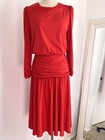 Vintage 80s 90s Red Polyester Knit Tie Neck Puff Shoulder Ruched Midi Dress - S