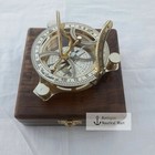 Antique Vintage Marine Collectible Brass Sundial Compass With Brown Wooden Box