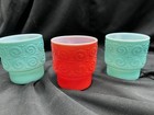 Vtg Hazel Atlas Scroll   Dots Glass Embossed Stacking Mug Set  3  Turquoise  Red
