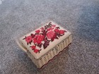 Vintage Sewing Box Wicker Red Rose Floral Embroidered Padded Top  Satin Lined