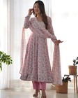 Women Floral Anarkali Gown Set Chiffon Wear Dress Dupatta Palazzo Pink Floral