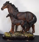 Vintage Style Mare   Foal Horse Figurine Statue  Bronze Finish On Wood Base  10 