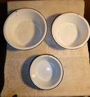 3 Vintage White Enameled Bowls Black Trim Mid Century Farmhouse Nesting Hanging