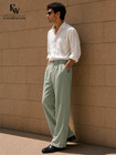 Fashwegon Men s Premium Sage Linen Blend Pleated Wide Leg Trousers