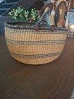 Vintage Large Likely African Hand Woven Basket 17   W Leather Handle