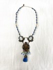 Vintage Czech Ornate Art Deco Blue Glass   Brass Statement Necklace